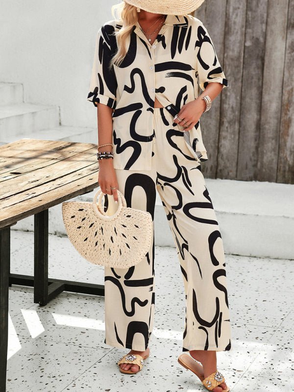 New women's casual fashion printed lapel short - sleeved shirt and trousers vacation suit - Pant Suit